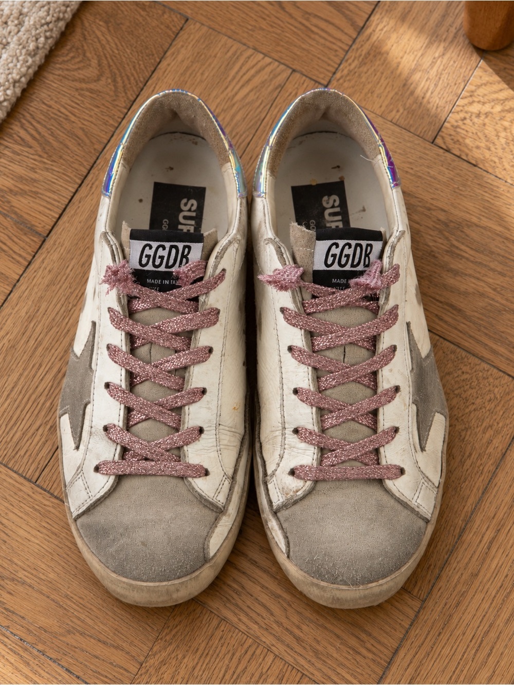 Golden Goose Women's White & Gray Sneakers with Pink Glitter Laces